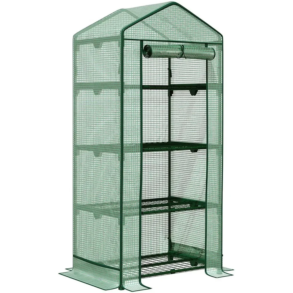 Mini-Gewächshaus mit Folienabdeckung und 4 Regalen Rolltür Gemüsebeet grün 69 x 49 x 158 cm