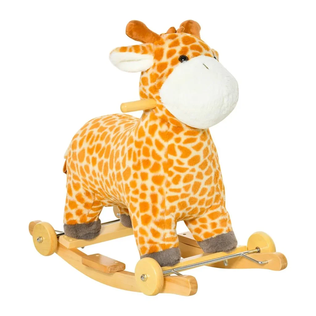 2-IN-1 Schaukelpferd mit Räder Plüsch Schaukeltier Babyschaukel Spielzeug für 36-72 Monaten Giraffen-Design Gelb 63 x 38