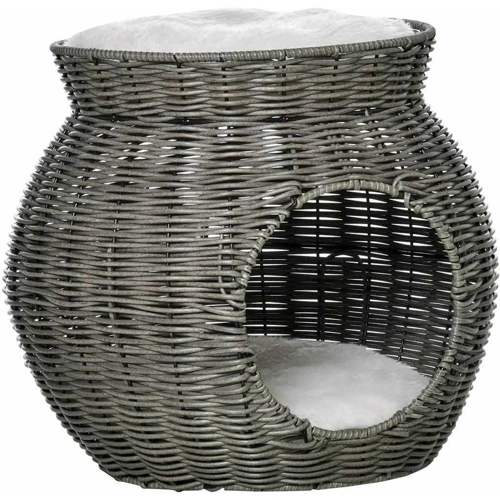 Rattan Katzenkorb zweistöckiges Katzenbett Katzenhöhle Katzenturm mit 2 Kissen Liegedach Dunkelgrau Ø50 x 43,5 cm