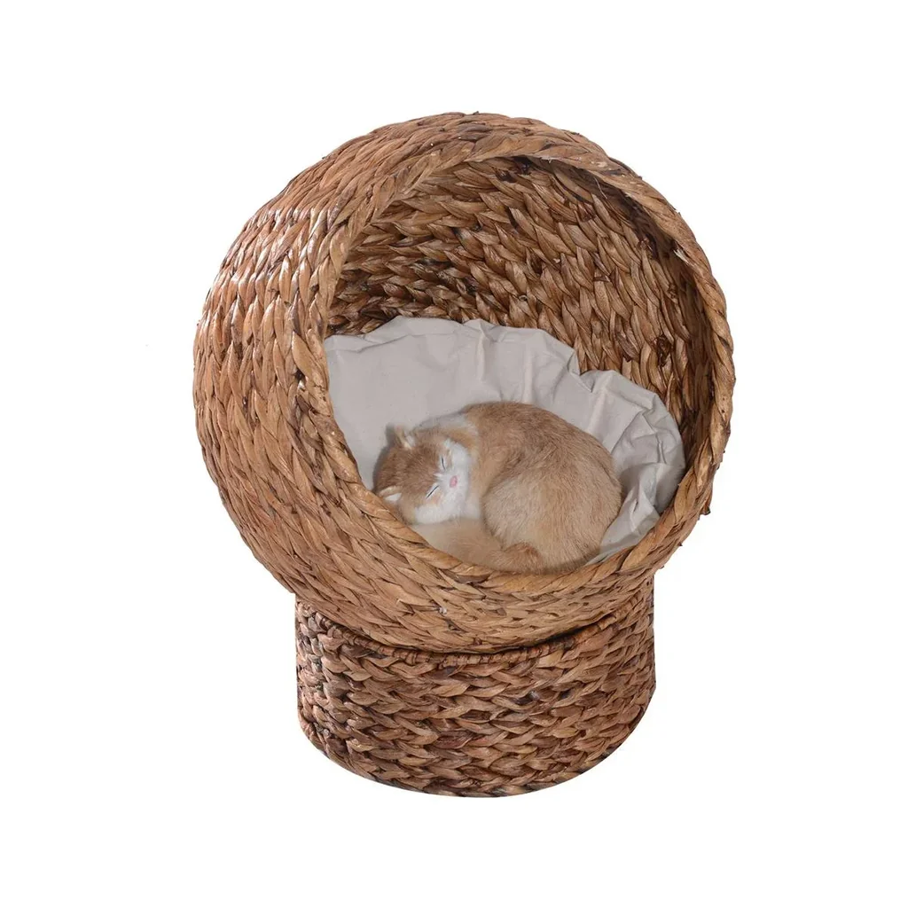 Rattan Katzenkorb Katzenhöhle Katzenhütte Katzenbett mit Kissen Haustierbett Wasserhyazinthe Hellbraun 50 x 42 x 60 cm