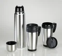 Travelling-Set 3-teilig, 1 Liter Isolierflasche + 2 x 400 ml Isolierbecher, Edelstahl matt, doppelwandig