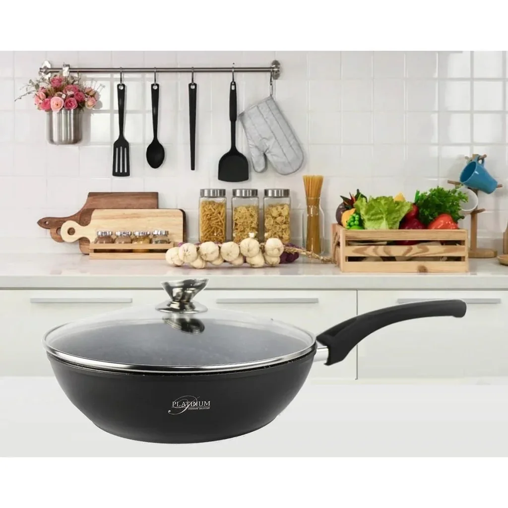 Platinium Bratpfanne / Wokpfanne / Pan - 24cm - Glasdeckel - Induktion - Marmorbeschichtung - Kratzfest