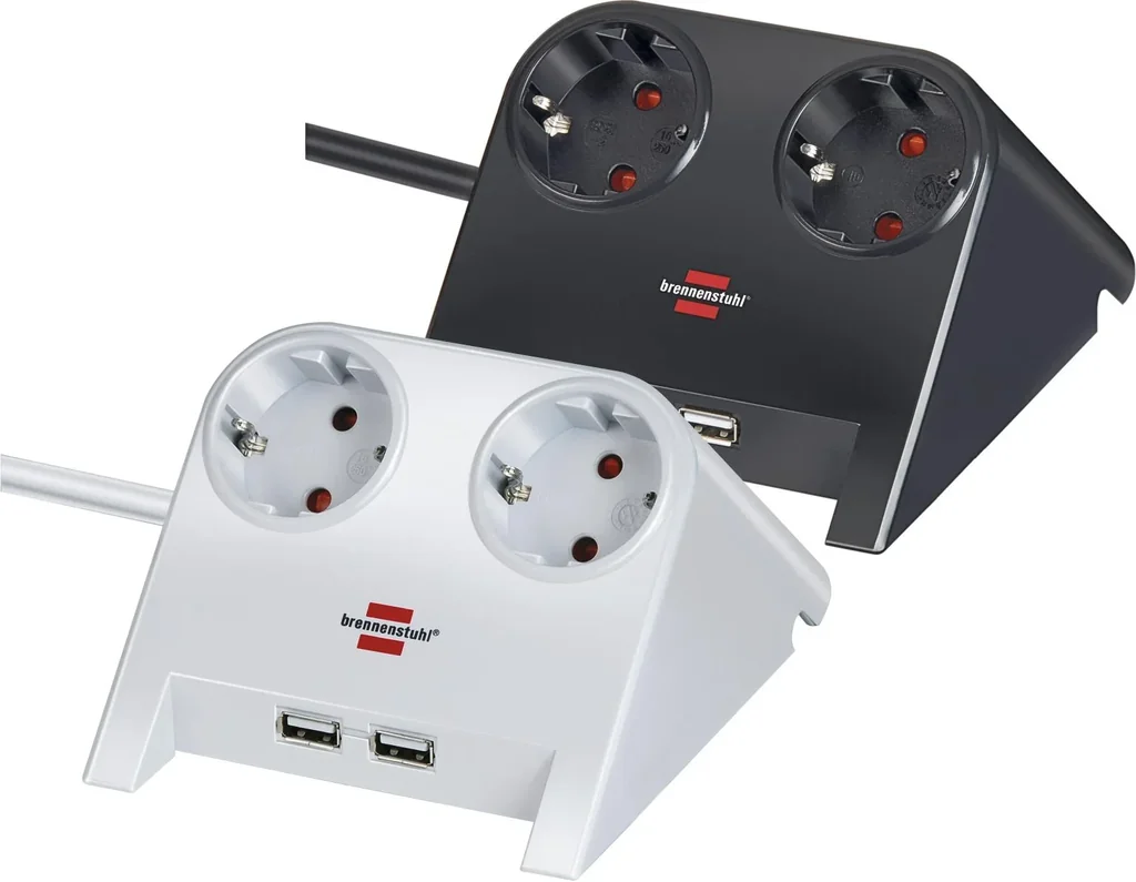 Power USB 2-fach Tischsteckdose mit 2 USB Ladebuchsen in schwarz