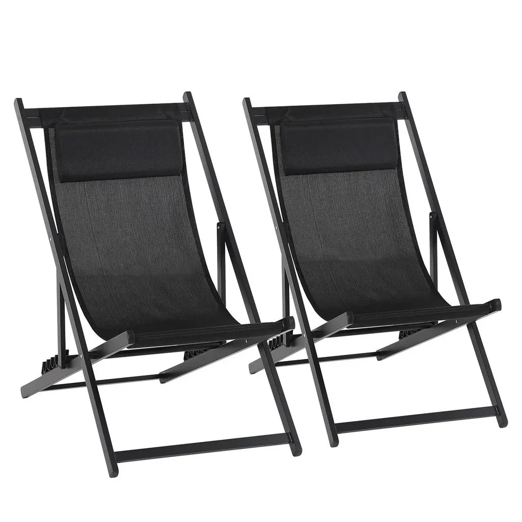 Klappstuhl 2er-Set Klappbarer Gartenstuhl 5-fach verstellbare Rückenlehne Balkonstuhl Campingstuhl Alu Schwarz