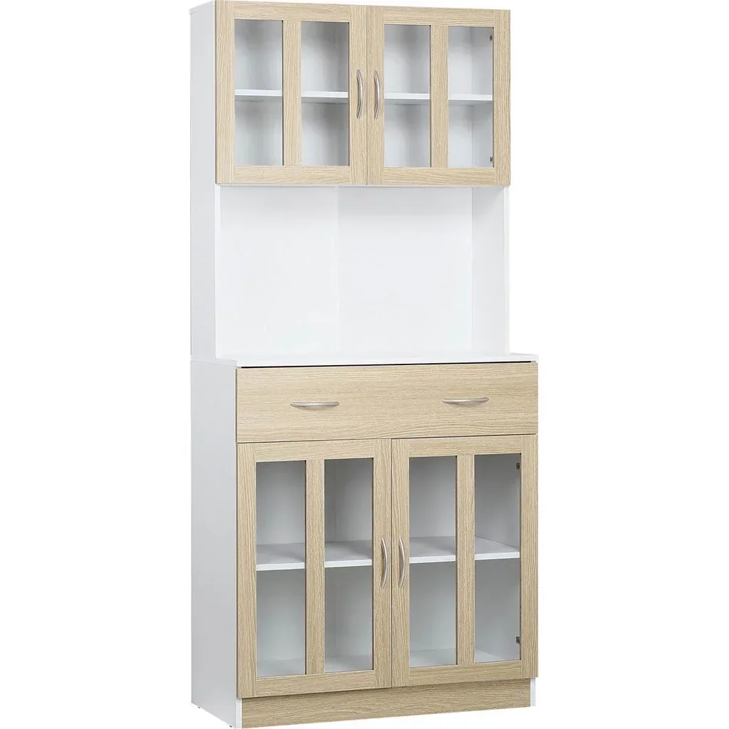 Küchenschrank 180 cm Küchenbuffet Hochschrank mit Glastüren Geschirrschrank Esszimmerschrank mit Schubladen Schrank ele
