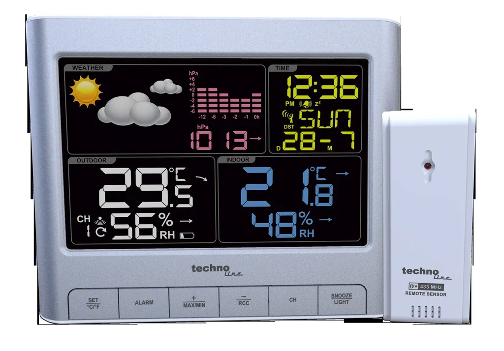 WS 6449 Wetterstation mit Außensensor, DCF-Funkuhr, Innen- und Außentemperatur, Luftfeuchtigkeit, Luftdruckhistorie, Wettervorhersage und Wecker mit Snooze