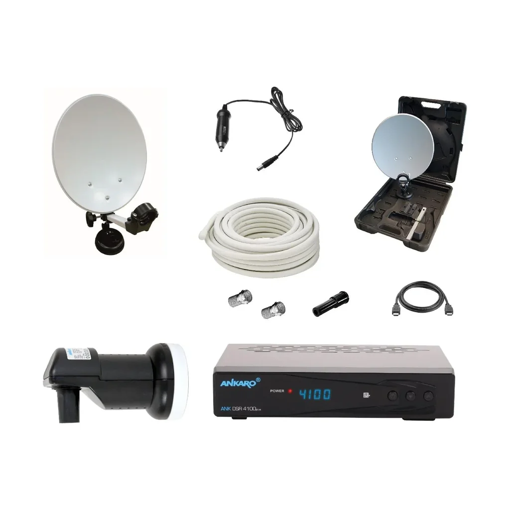 SAT Camping Set mit Rec. DSR4100plus im Koffer, Saugfuß- und Masthalter