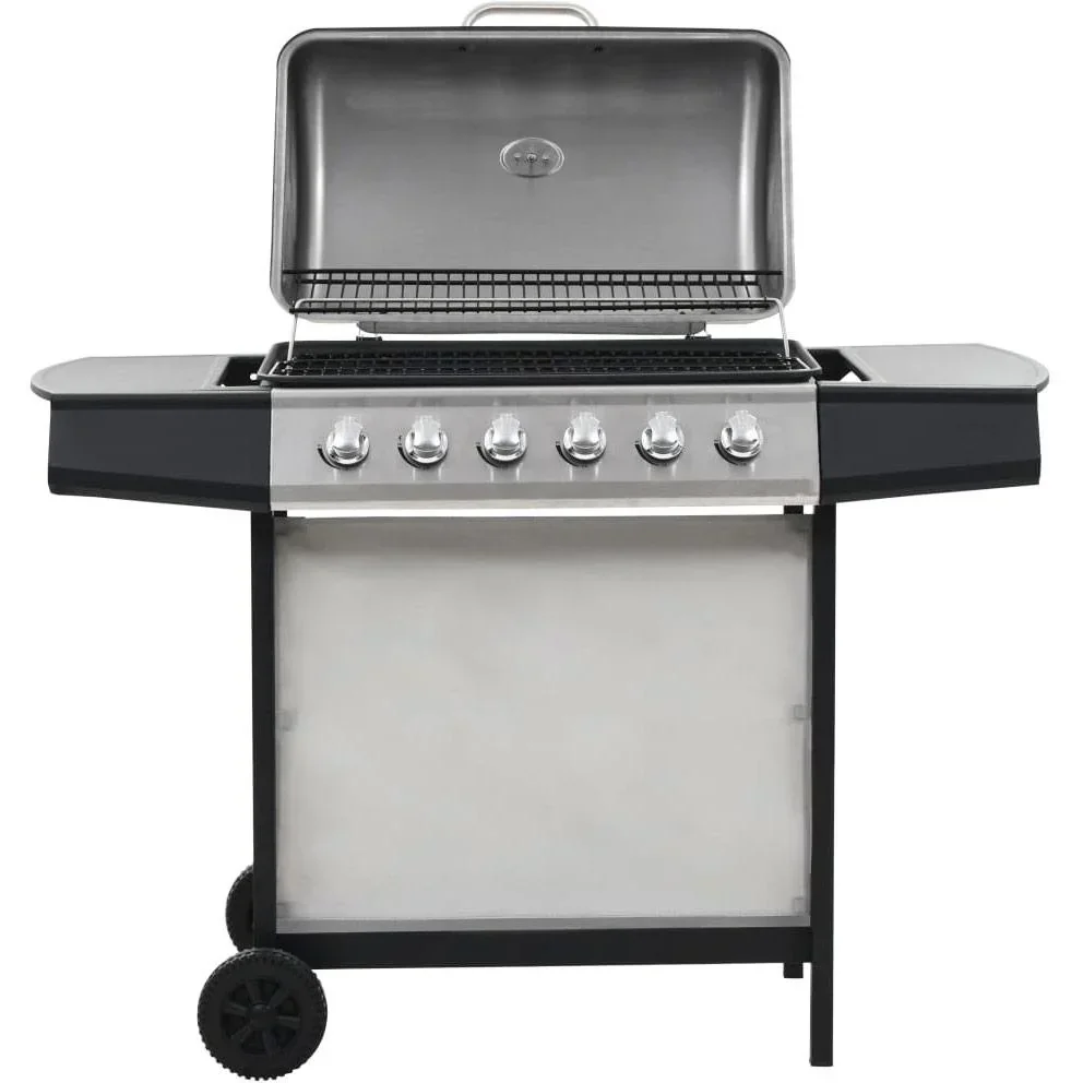 Gasgrill mit 6 Kochstellen aus Edelstahl silber