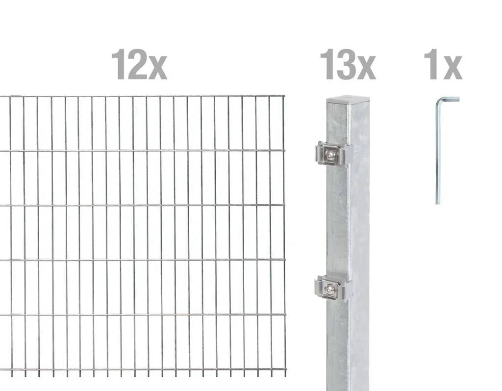 Doppelstabmattenzaun Komplettset, feuerverzinkt, Höhe 160 cm, Länge 24 m