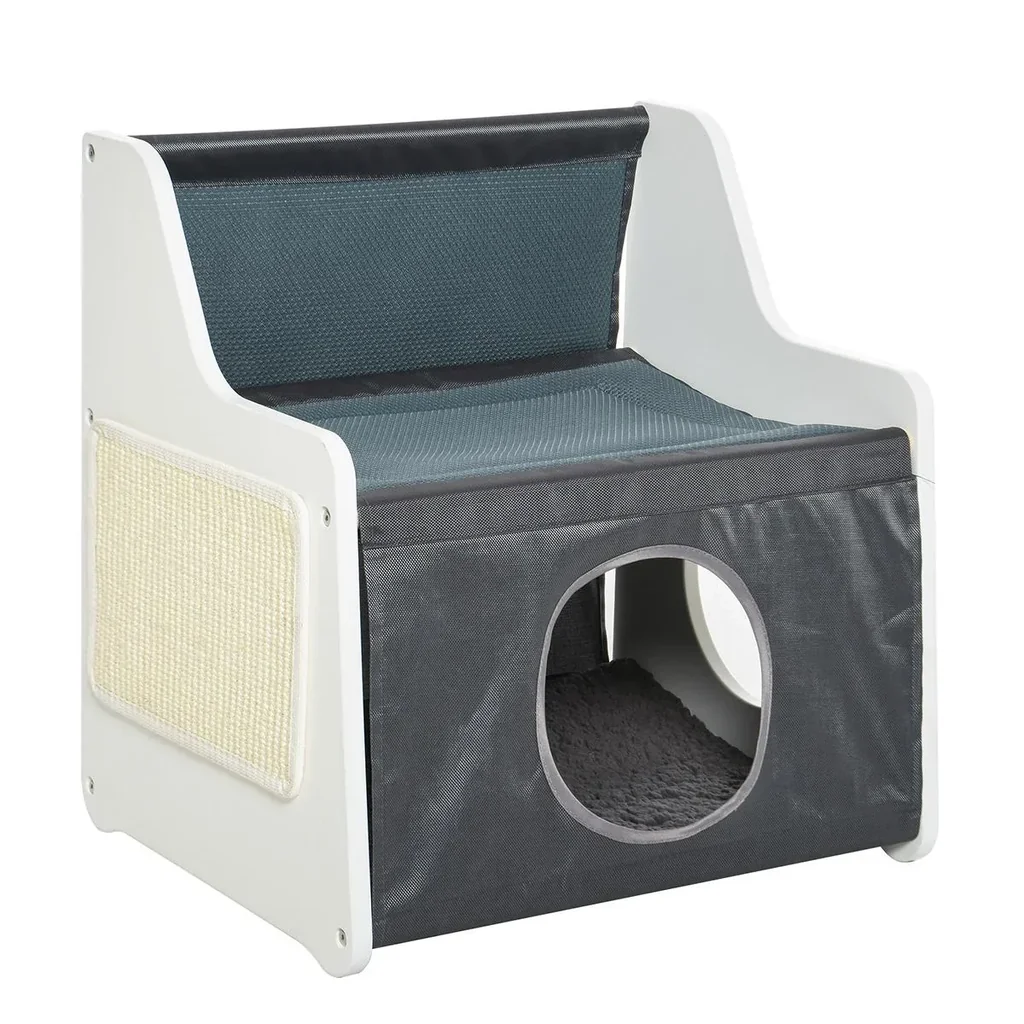 Katzenhaus mit Terrasse 2-lagiges warmes Katzenbett Kuschelhöhle zum schlafen für Katzen, Oxford-Stoff, Weiß+Grau, 48x37