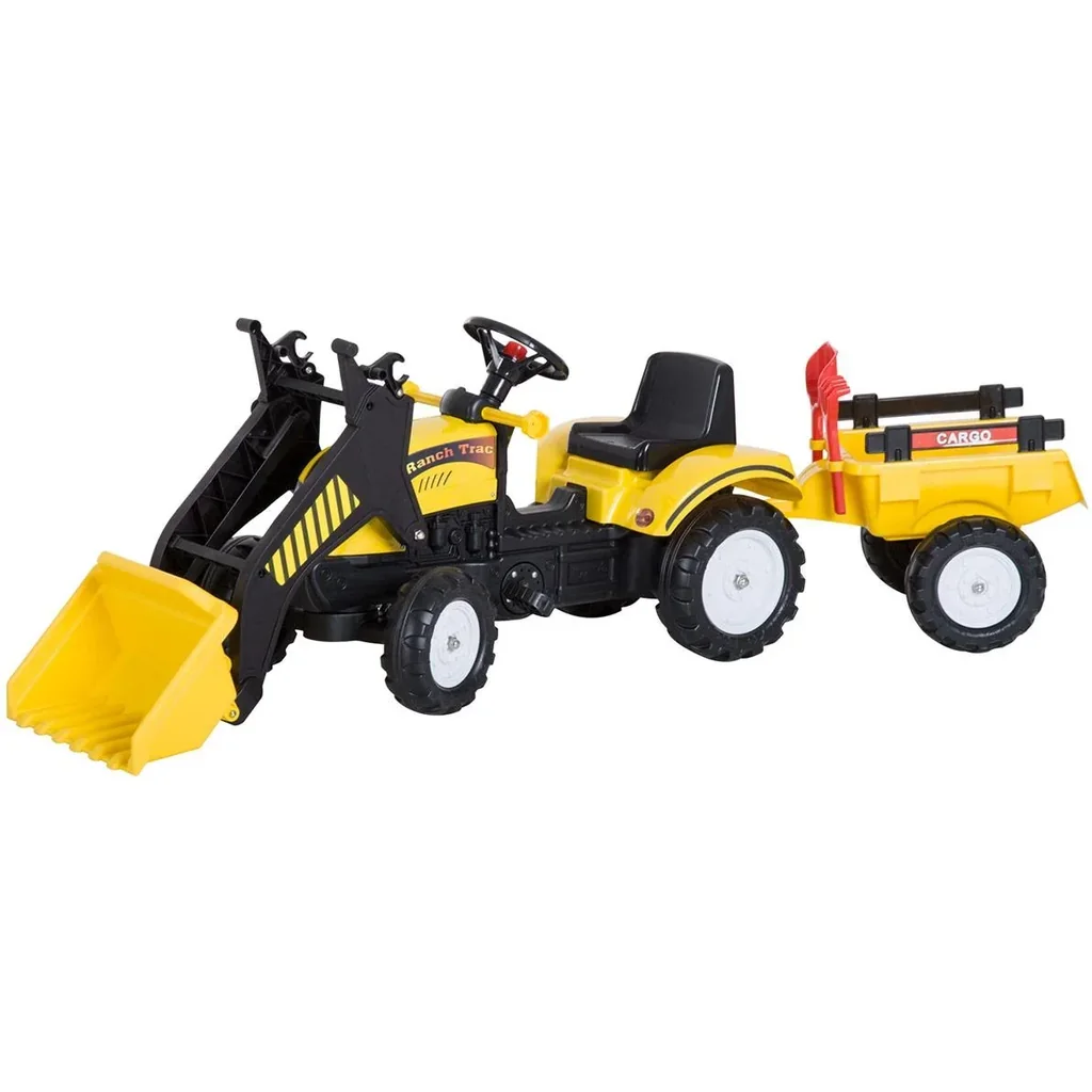 Tretauto Traktor mit Fontlader und Anhänger ab 3 Jahre Schwarz+Gelb