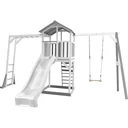 Beach Tower Spielturm mit Klettergerüst und Einzelschaukel - Weiße Rutsche