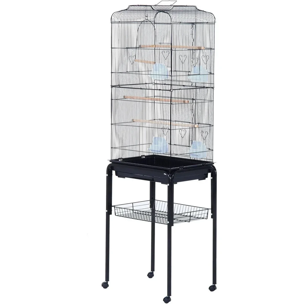 Vogelhaus Vogelkäfig Vogelvoliere für Papagei Wellensittich Vogelbauer mit rollbarem Ständer Schwarz 47,5x37x153cm