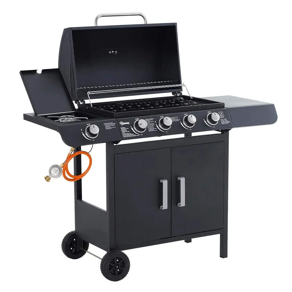 Gasgrill BBQ Grillwagen mit 4 Brennern 1 Seitenbrenner Schrank Multifunktion Metall Schwarz 125 x 51 x 100 cm