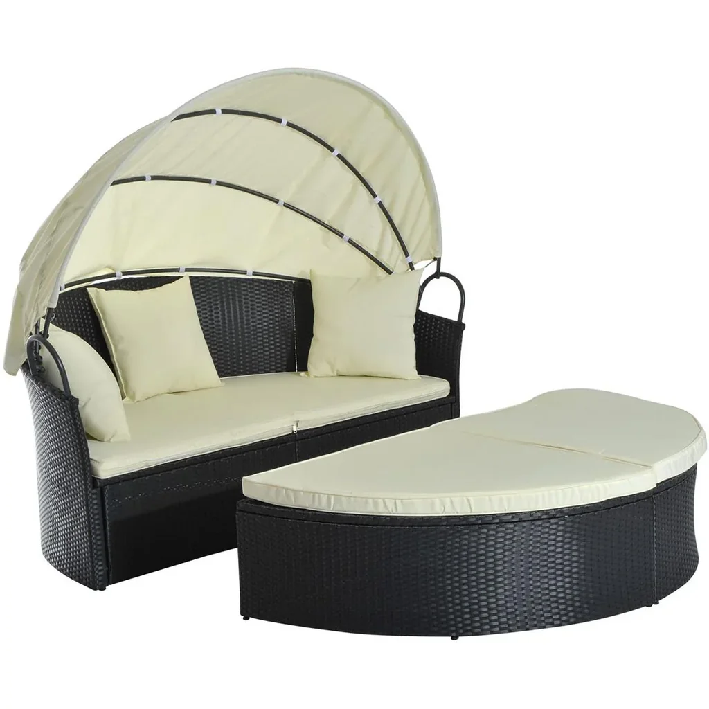 Rattan-Sonneninsel inklusive faltbarem Dach schwarz/cremeweiß