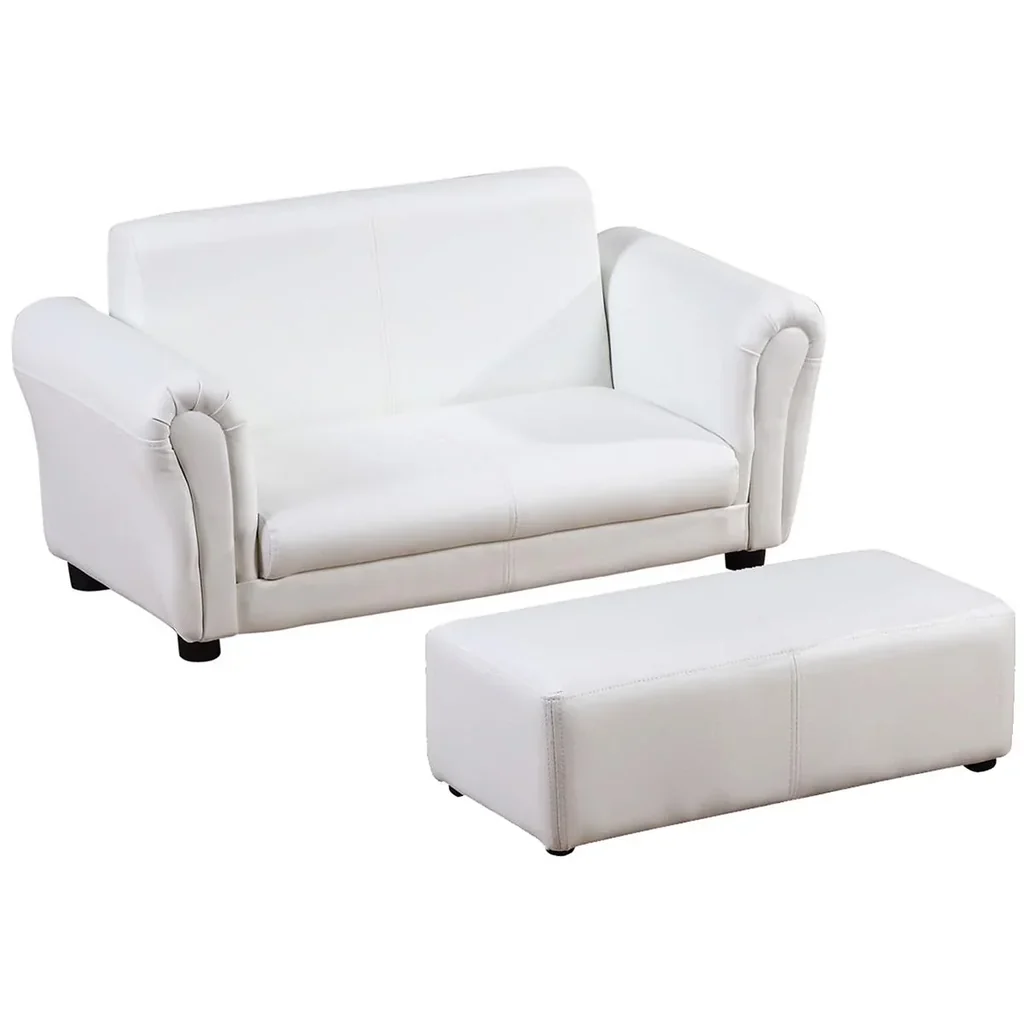 Kindersessel mit Fußhocker, Kindercouch mit Hocker, Kindersofa, Sofa Sessel, Weiß