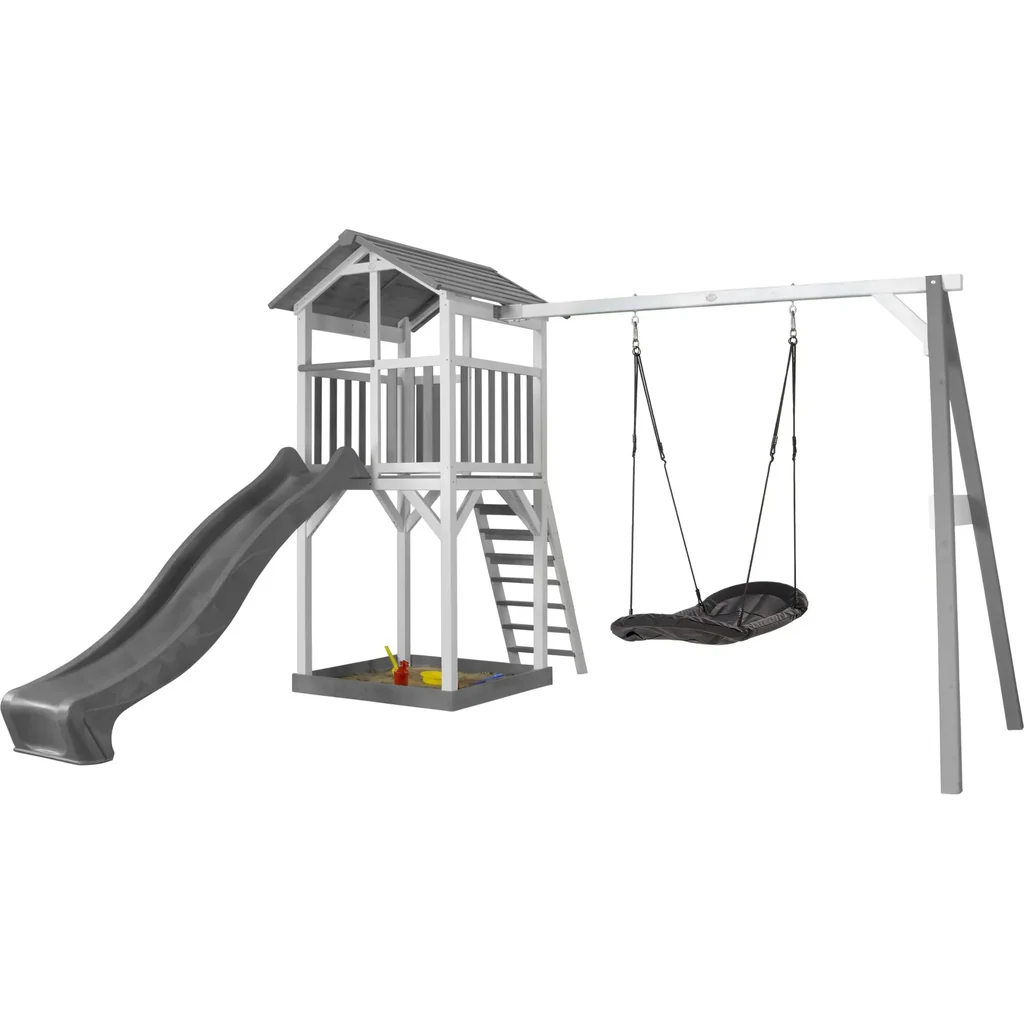 Beach Tower Spielturm mit Roxy Nestschaukel - Graue Rutsche