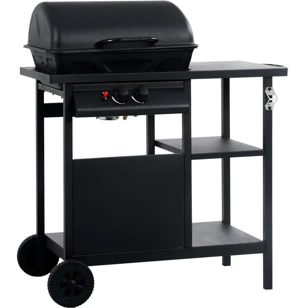 Gasgrill mit 3-lagigem Beistelltisch schwarz