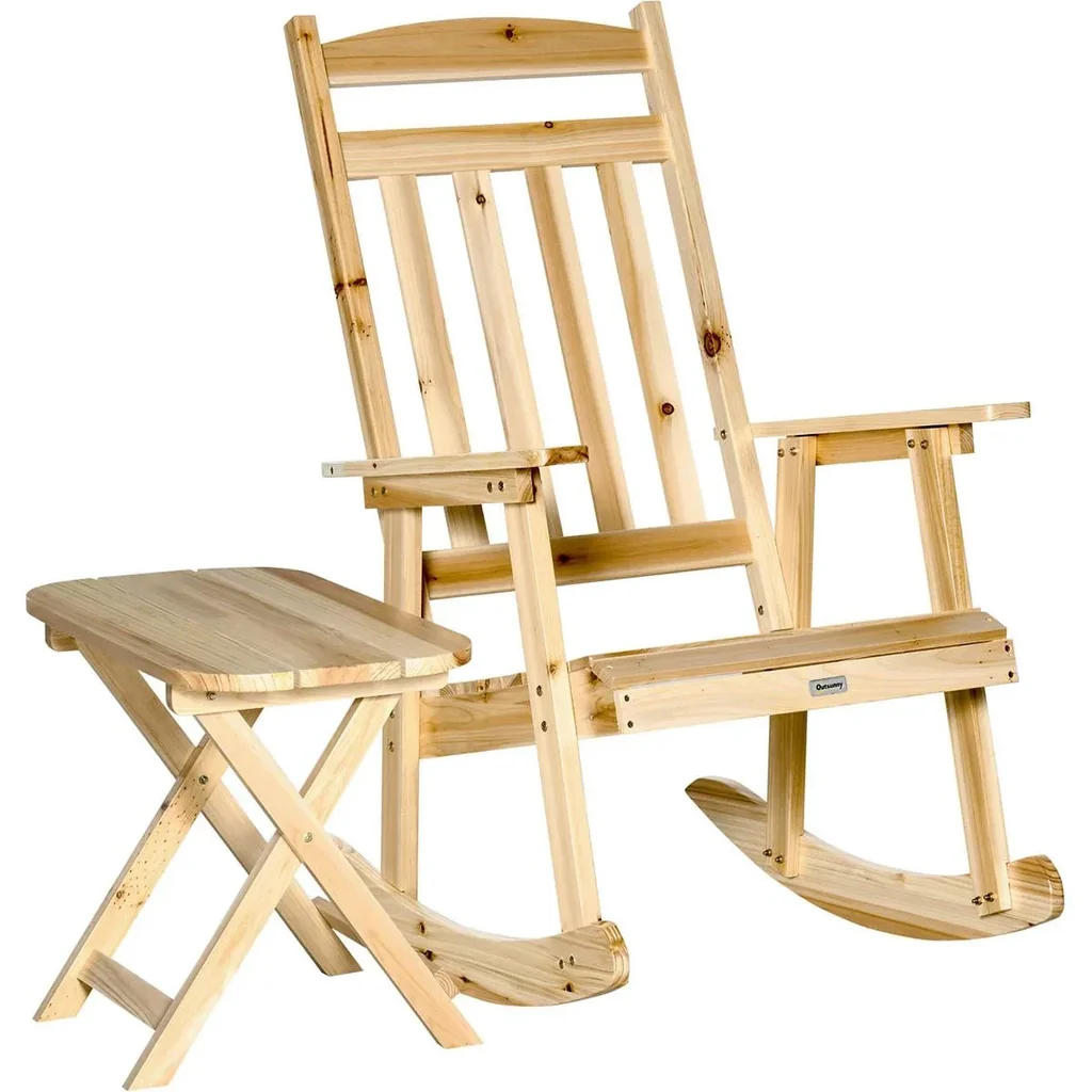 Holzschaukelstuhl mit Beistelltisch 2-teiliges Schaukelstuhlset mit Armlehnen und hoher Rückenlehne