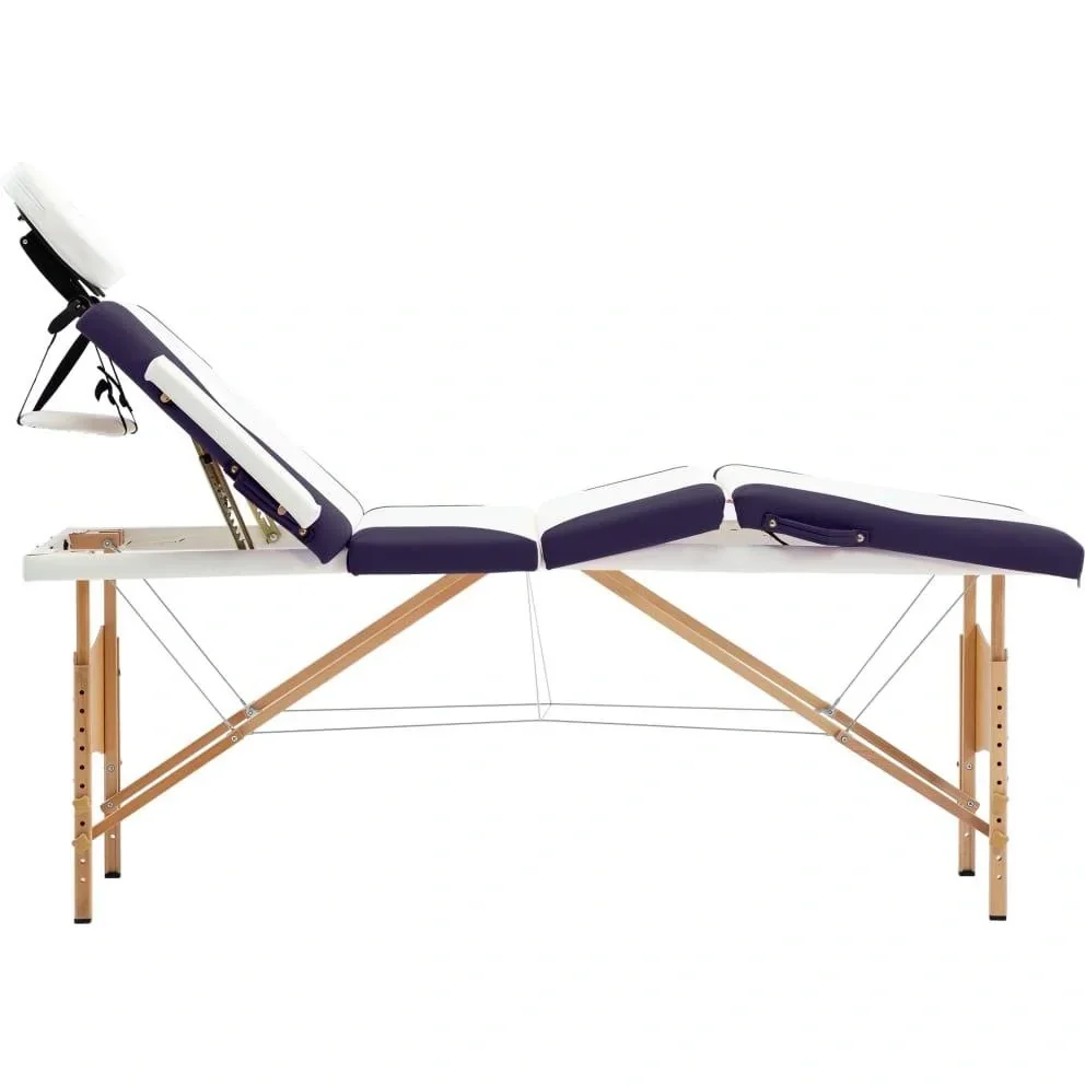 Klappbarer Massagetisch 4 Zonen Holz weiß und lila