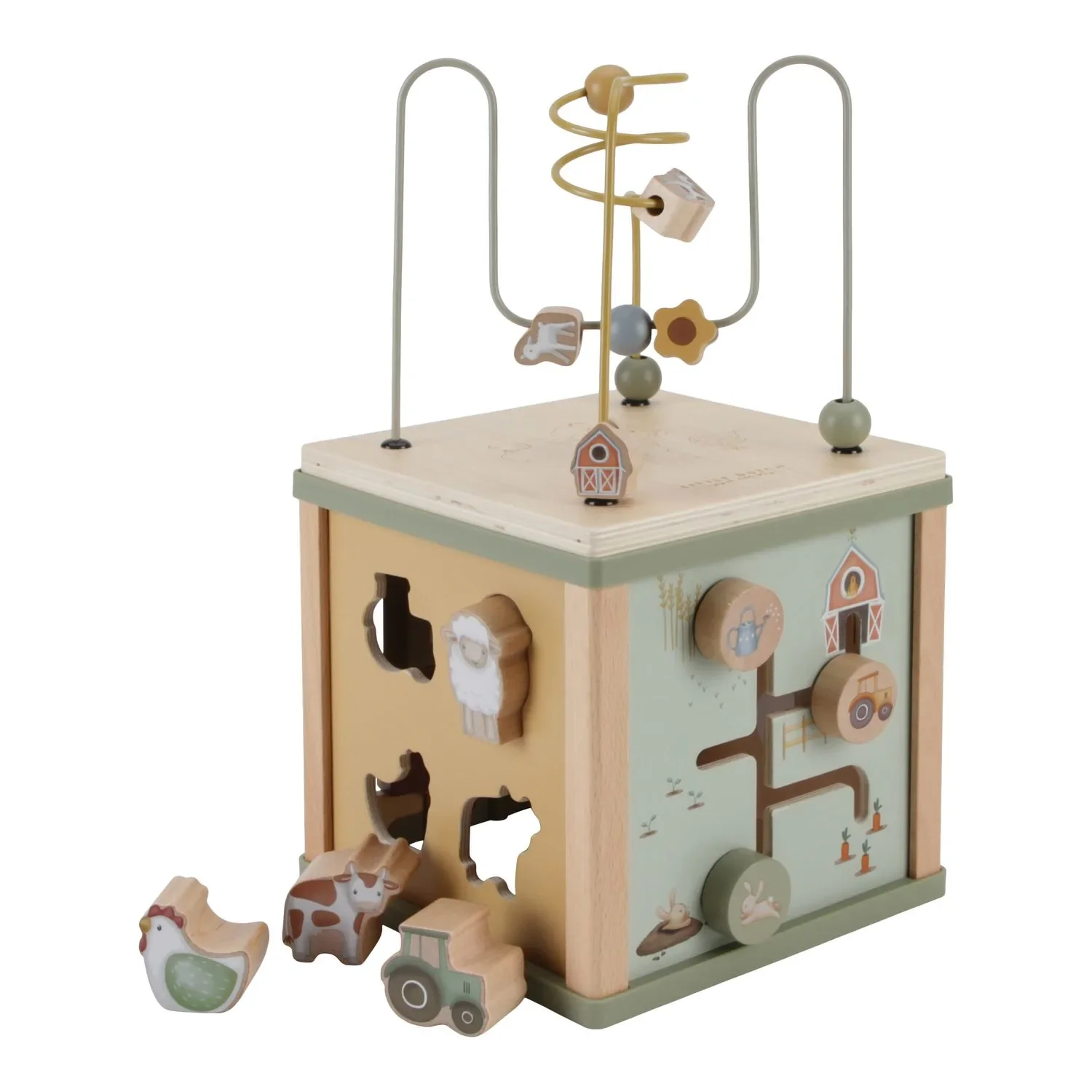 Little Dutch Motorikwürfel Little Farm: Aktivitätswürfel aus Holz mit Formensortierer, Puzzle & Perlenspirale (ab 18 Monaten)