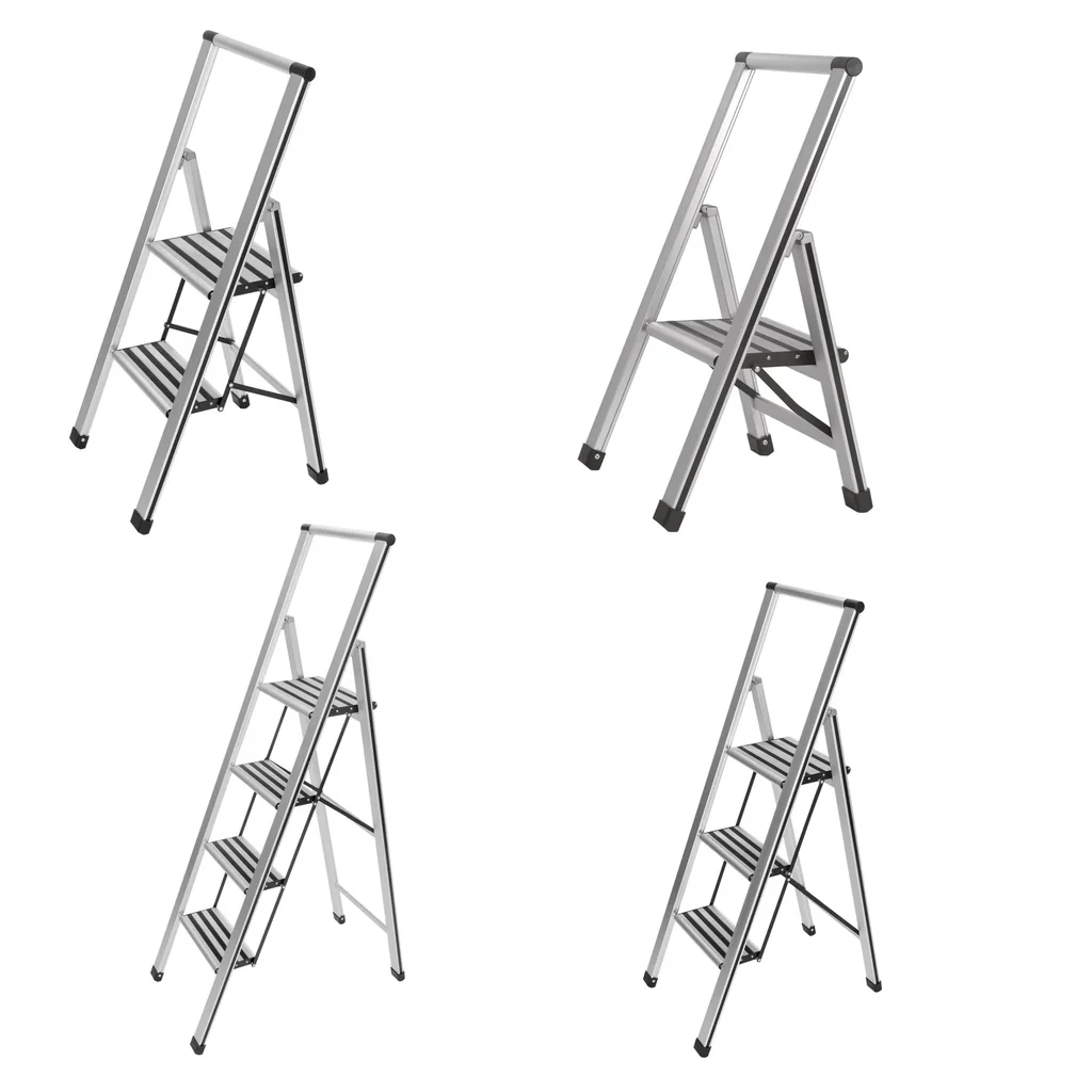 Alu-Design Klapptrittleiter 3-stufig Silber, rutschfeste Haushaltsleiter, Sicherheits-Stehleiter