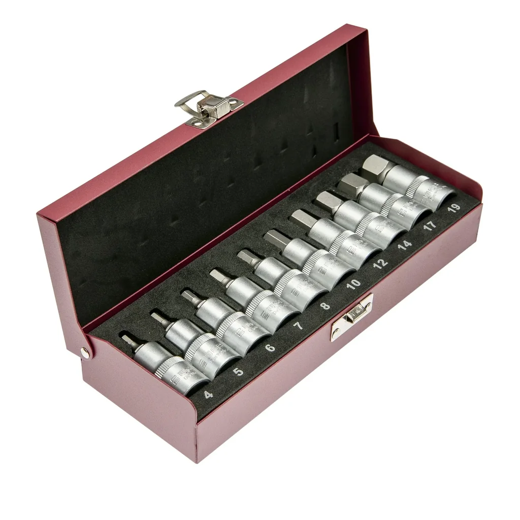 Steckschlüssel-Garnitur 1/2" mit Innensechskant-Steckschlüssel-Einsätzen, 10-teilig