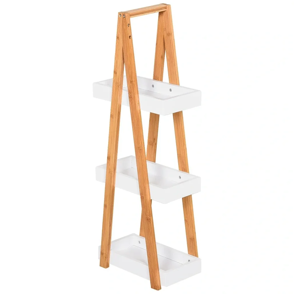 Badregal, 3 Ebenen Treppenregal, Leiterregal, Badezimmer, Bambus, Weiß, 30 x 18 x 81 cm