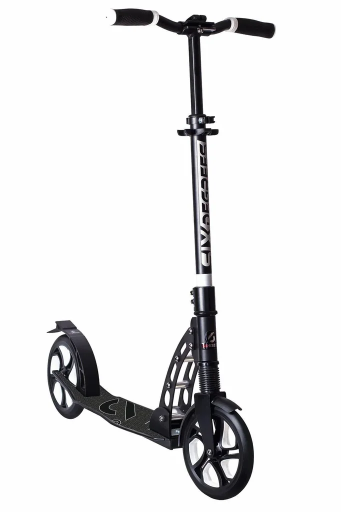 Aluminium Scooter mit Frontfederung, Klappmechanismus, 205 mm, ABEC 7, höhenverstellbar, schwarz