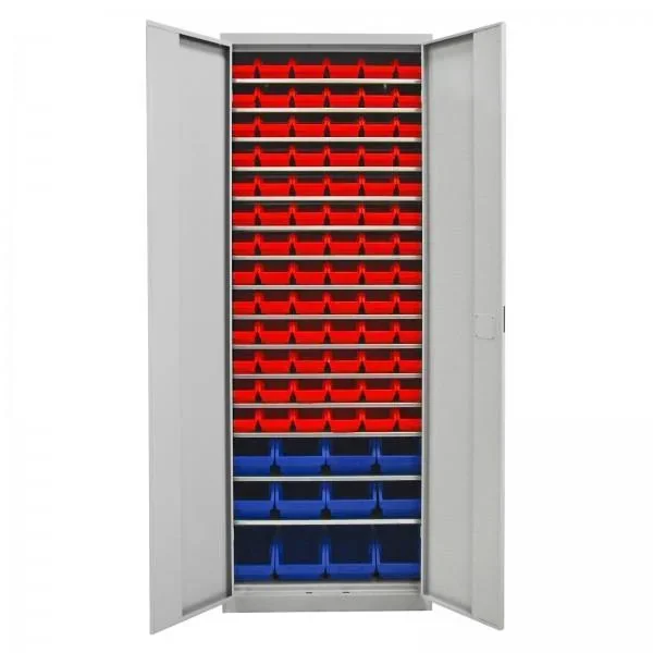 Regalschrank mit Tür, 15 Fachböden, 90 Lagersichtkästen Gr.3 / Gr. 2L