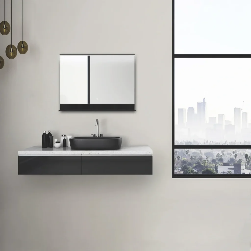 Badezimmerspiegel mit Beleuchtung, "Black Home" - 80 x 60 cm - Lichtfarbe neutralweiß - mit praktischer Ablage