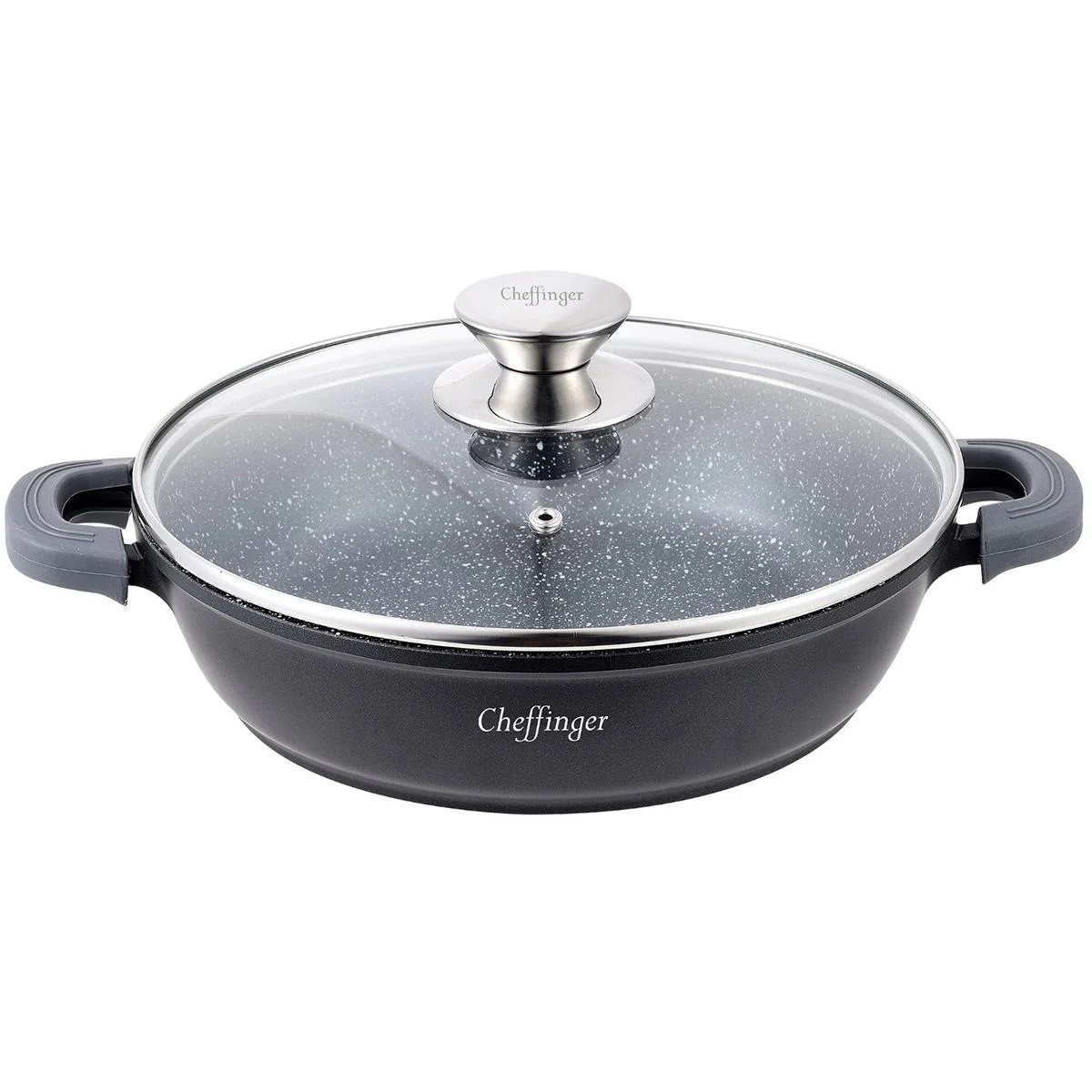 Cheffinger Schmortopf / Niedriger Kochtopf - Marmorbeschichtung - mit abnehmbaren Silikongriffen - Edelstahl - 32 cm
