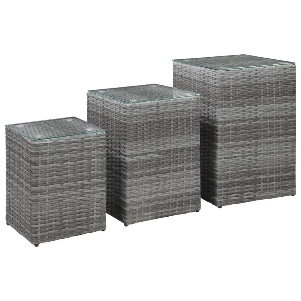 Beistelltisch 3-teilig mit Glasplatte Poly-Rattan grau