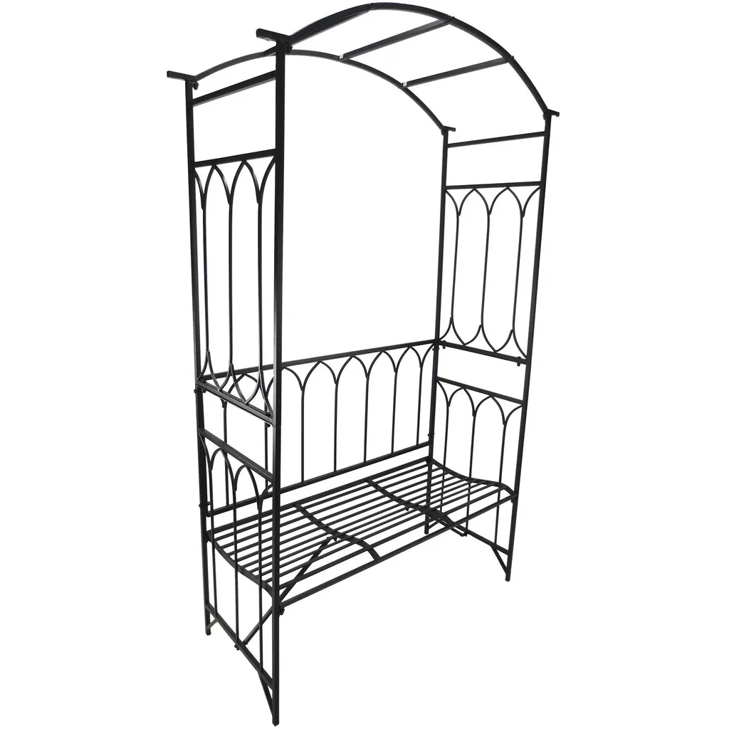 Rosenbogen mit Bank Rosenbank Laubenbank Rankgitter Rankhilfe Metall Schwarz 115 x 50 x 203 cm