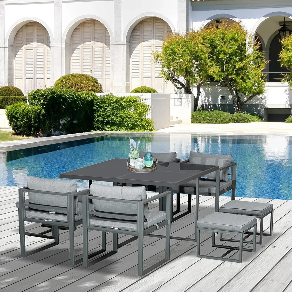 Sitzgruppe Gartentischset Gartenmöbel Metall 9 teilig 4 Stühle 4 Hocker Tisch Esstisch Polyester Glas Grau