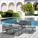 Sitzgruppe Gartentischset Gartenmöbel Metall 9 teilig 4 Stühle 4 Hocker Tisch Esstisch Polyester Glas Grau