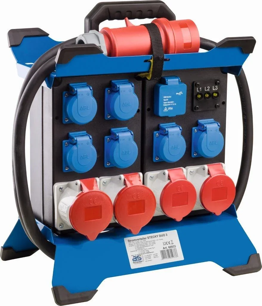 Stromverteiler Stecky DUO 3, 6x Schutzkontakt, 2x CEE400V16A, 2x CEE400V32A, 2x USB, Phasenanzeige, FI40A, 3,4m