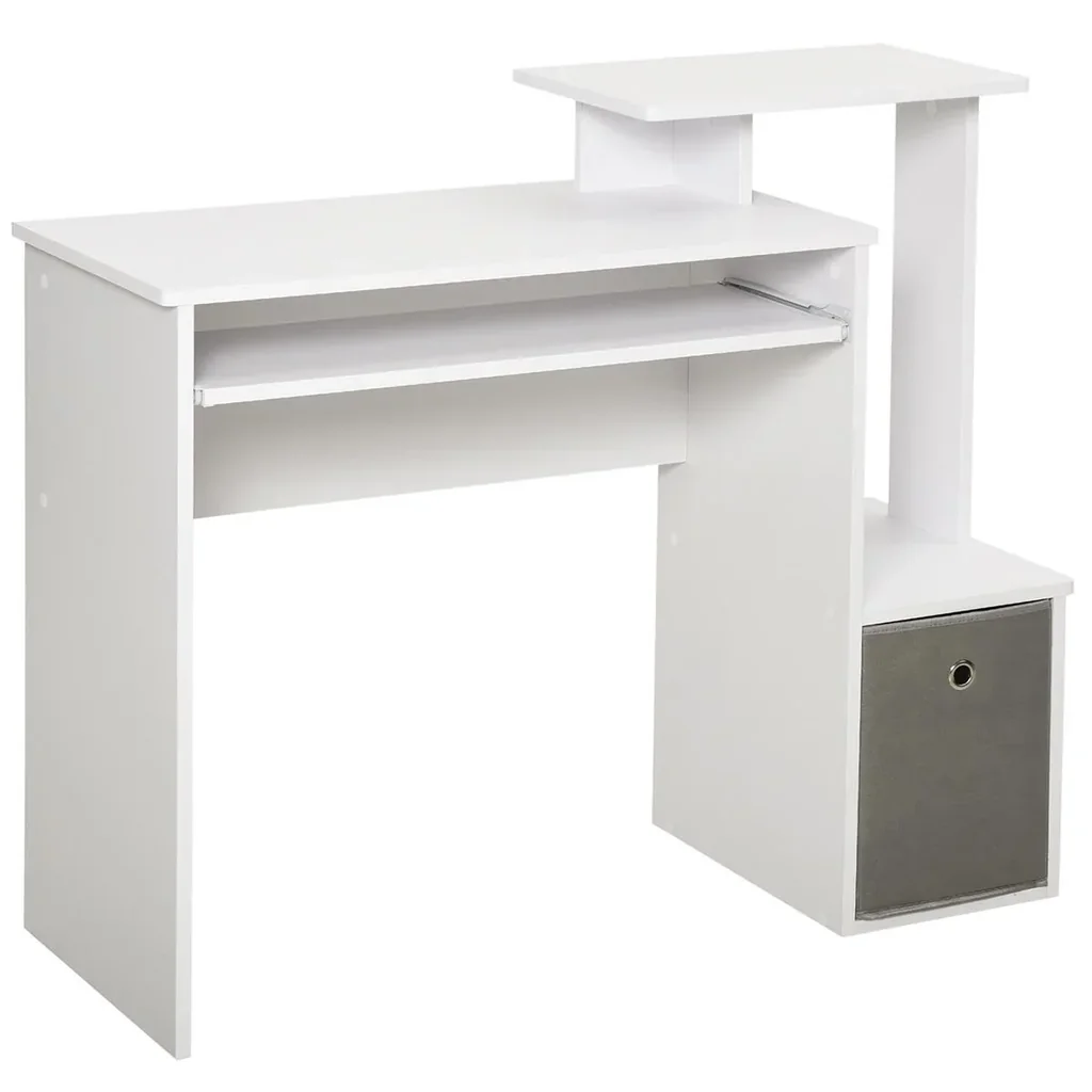 Computertisch, Schreibtisch, Bürotisch, Gamingtisch, PC-Tisch mit Tastaturablage, Schublade, E1 Spanplatte, Weiß, 100 x