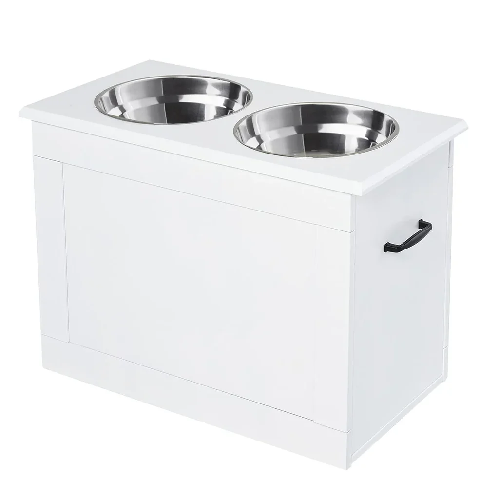 Hunde Fressnapf mit Staumraum 2 Näpfen Futterstation Edelstahlnapf Katzenapf MDF Edelstahl Weiß 60 x 30 x 41 cm