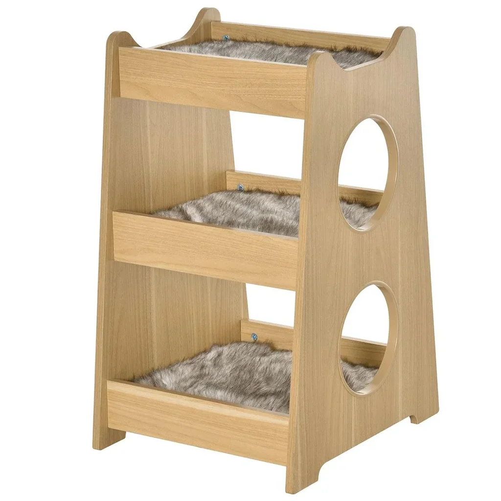 Katzenbett dreiistöckiges Katzenhaus mit Löcher weichen Kissen Polyester MDF Natur+Weiß+Grau 50 x 43 x 74 cm