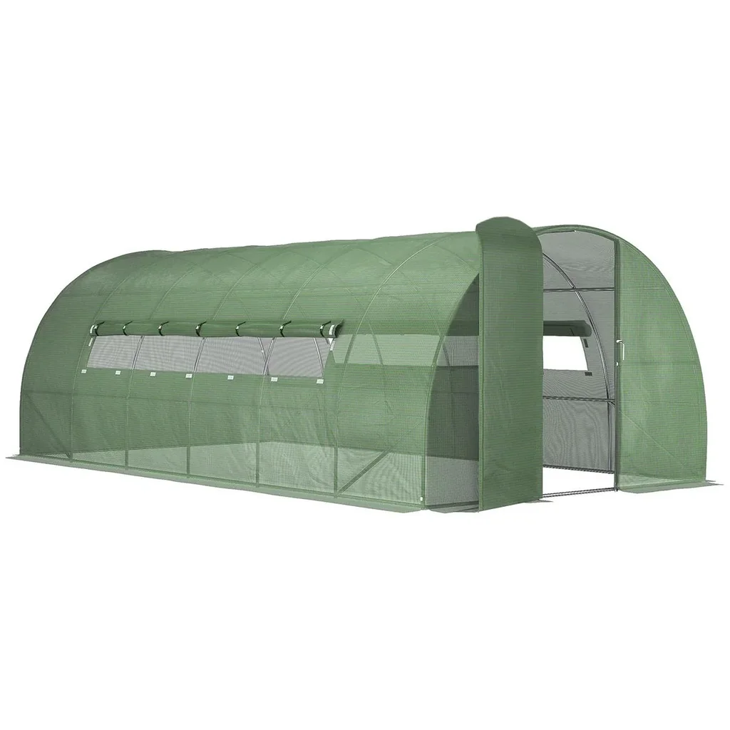 Foliengewächshaus 6 x 3 x 2 m Tunnel Gewächshaus Treibhaus Pflanzenhaus Folienzelt 2 Fenster Gitterfolie Grün