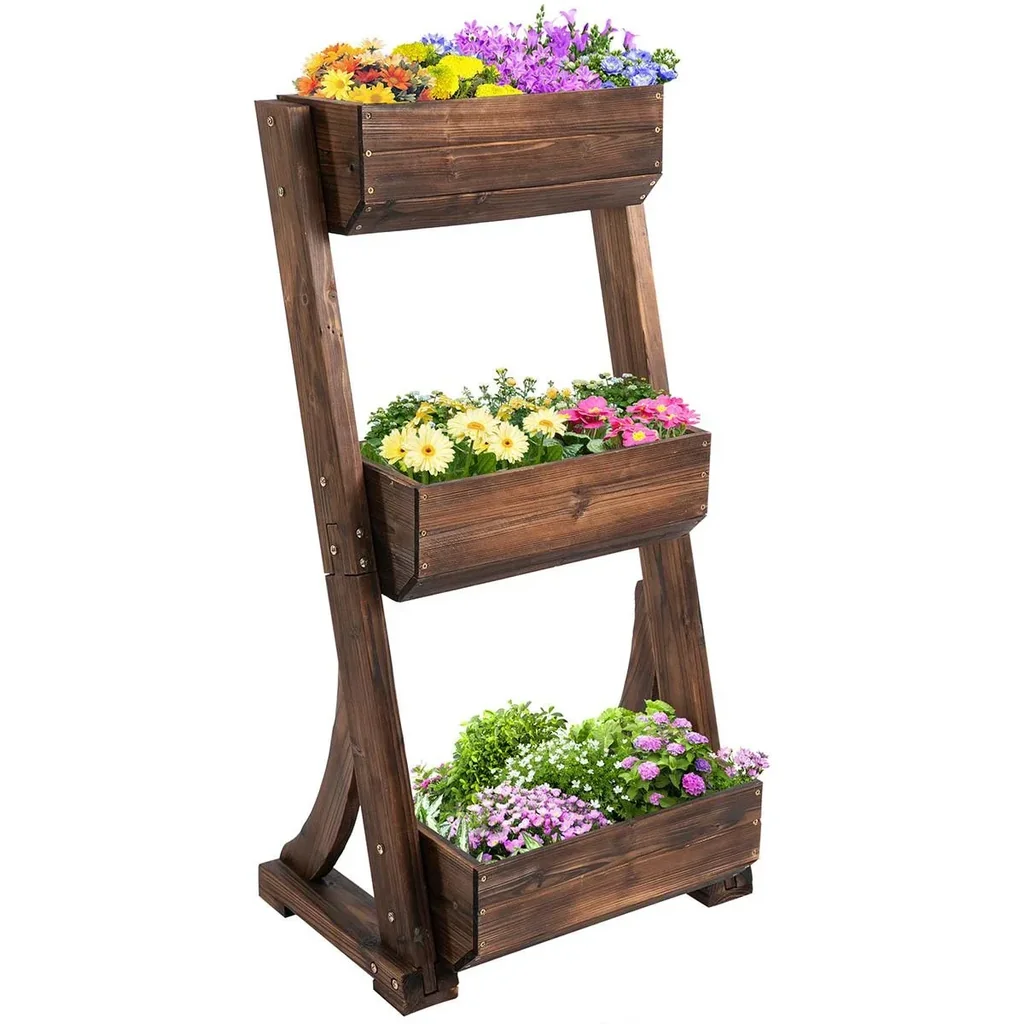 Blumentreppe Holz Blumenleiter mit 3 Ablagen Pflanzentreppe Pflanzregal Pflanzenständer Blumenregal Blumenständer Braun