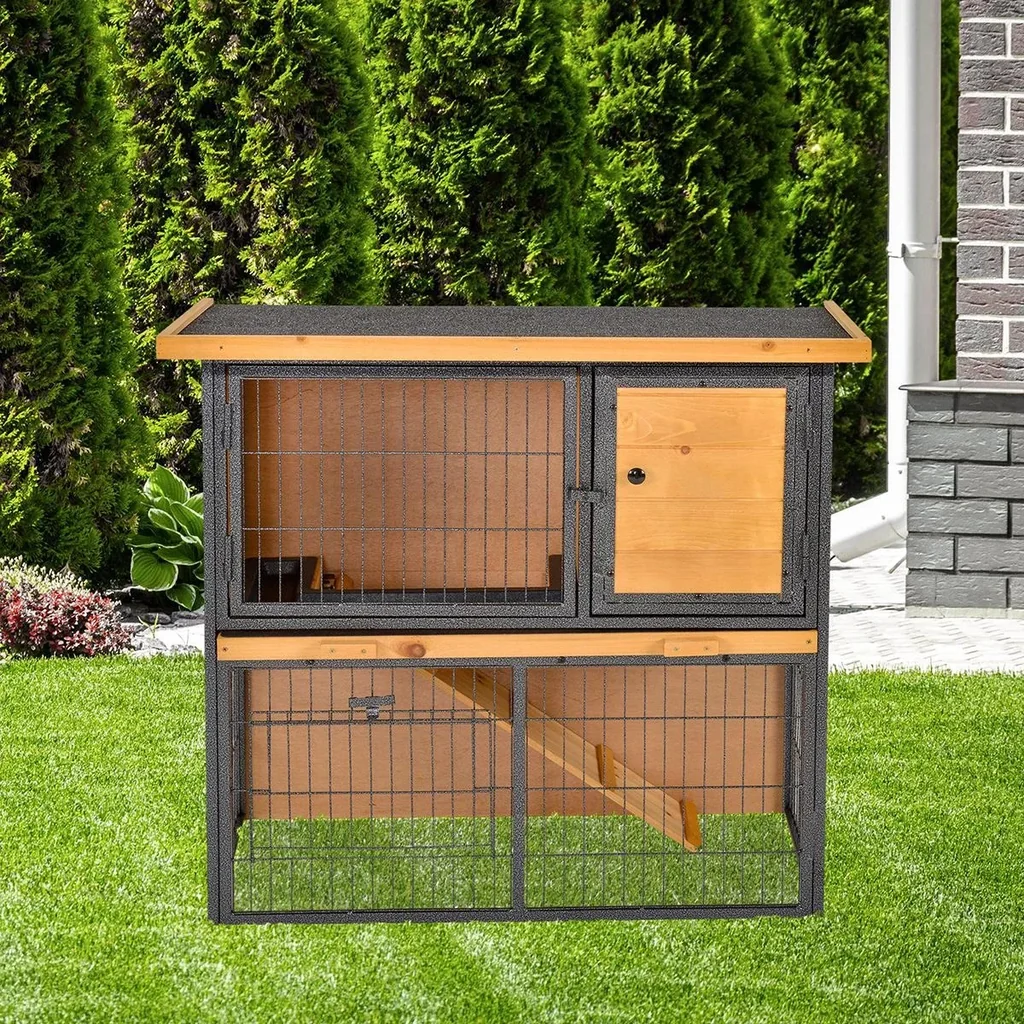Kaninchenstall erhöhtes Haustier Haus Kaninchenkäfig mit verschließbare Tür Holz-Metall Hellgelb 89,5 x 45 x 81 cm