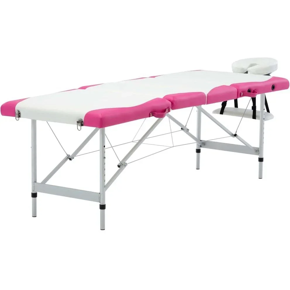 Klappbarer Massagetisch mit 4 Zonen, Aluminium weiß und rosa