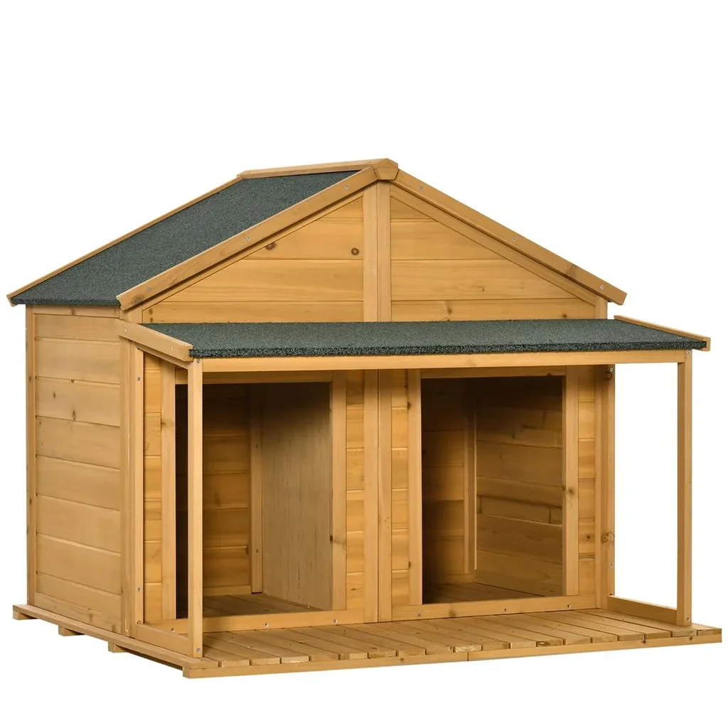 Hundehütte aus Massivholz isoliertes Hundehaus mit 2 Räume Asphaltdach Outdoor Hütte mit Terrasse Gelb+Grün 127 x 110 x