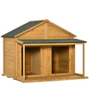 Hundehütte aus Massivholz isoliertes Hundehaus mit 2 Räume Asphaltdach Outdoor Hütte mit Terrasse Gelb+Grün 127 x 110 x