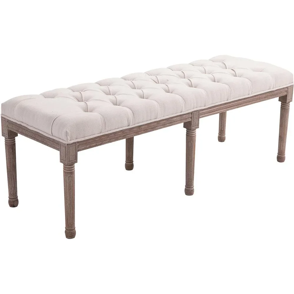 Polsterbank Sitzbank Truhenbank Lounge Sitzhocker Retro mit Knöpfen Leinen+Holz beige 142 x 47 x 51 cm