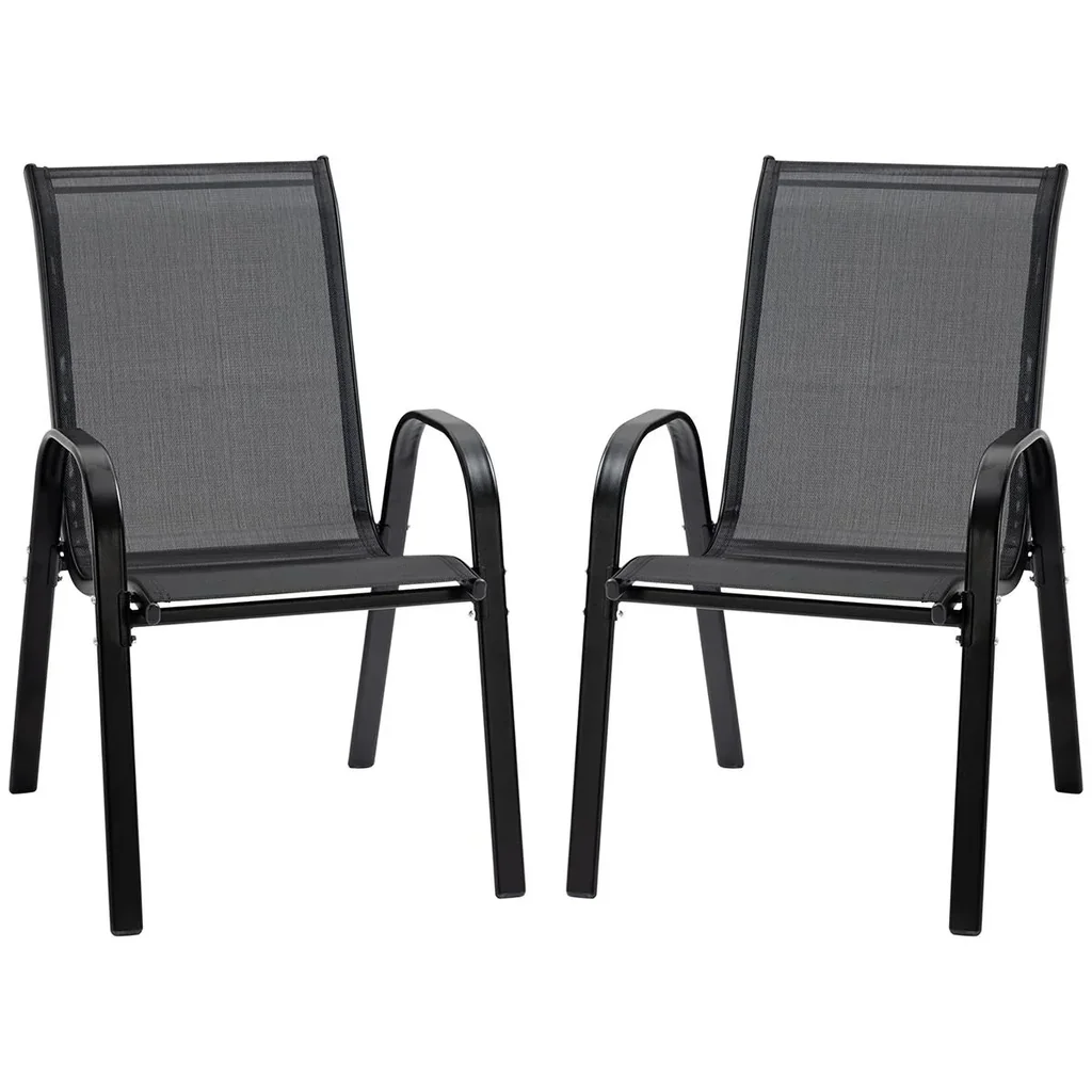 2er Set Gartenstuhl Stapelstuhl mit Armlehne Essstühle Garten Metall Mesh-Gewebe Schwarz 70 x 54 x 90 cm