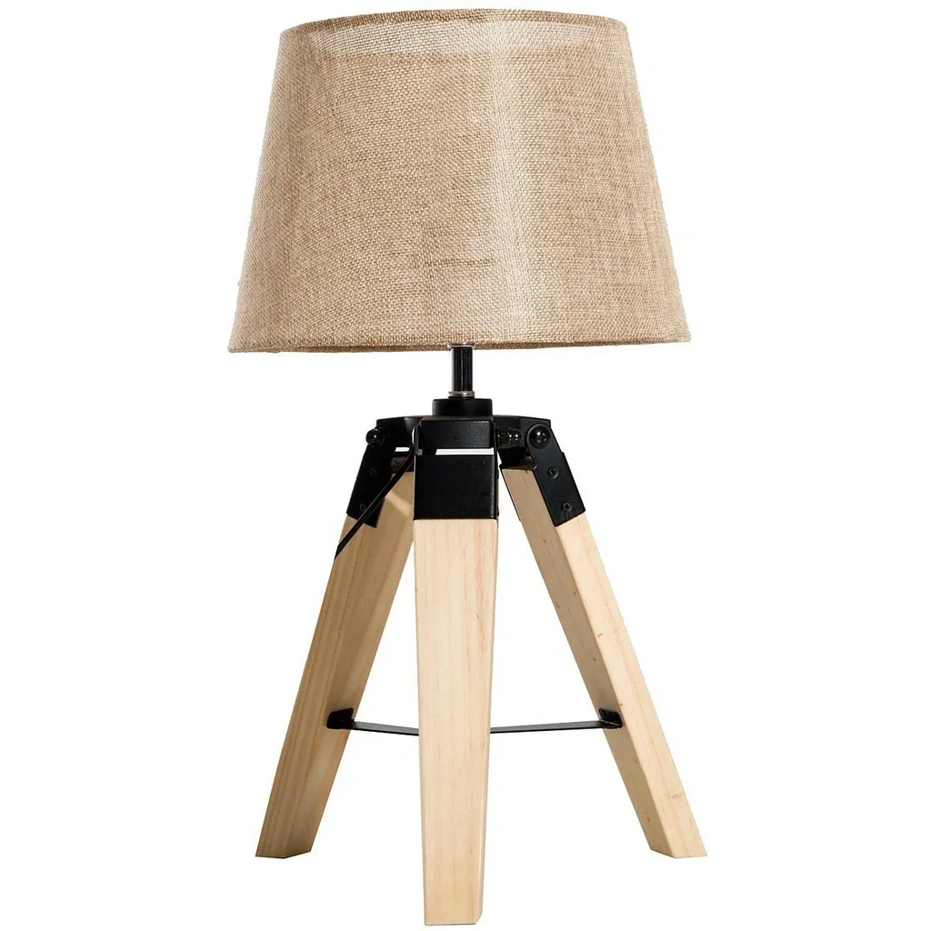 Tischlampe Dreibein Tischleuchte E27 Leinenoptik Kiefer Beige