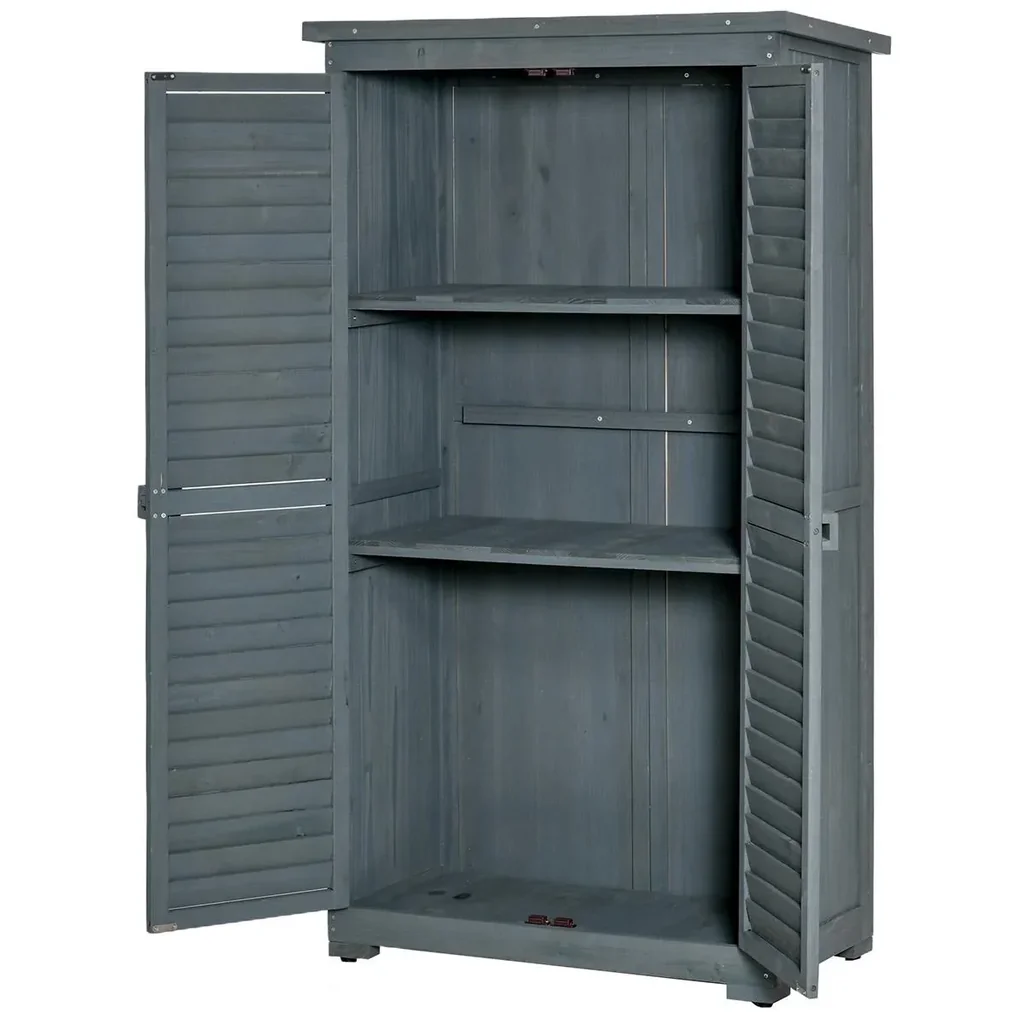 Gartenschrank Holz Gerätehaus Geräteschuppen Geräteschrank Holzhütte Pultdach Bitumenpappe Lamellentüren Grau 87 x 46,5